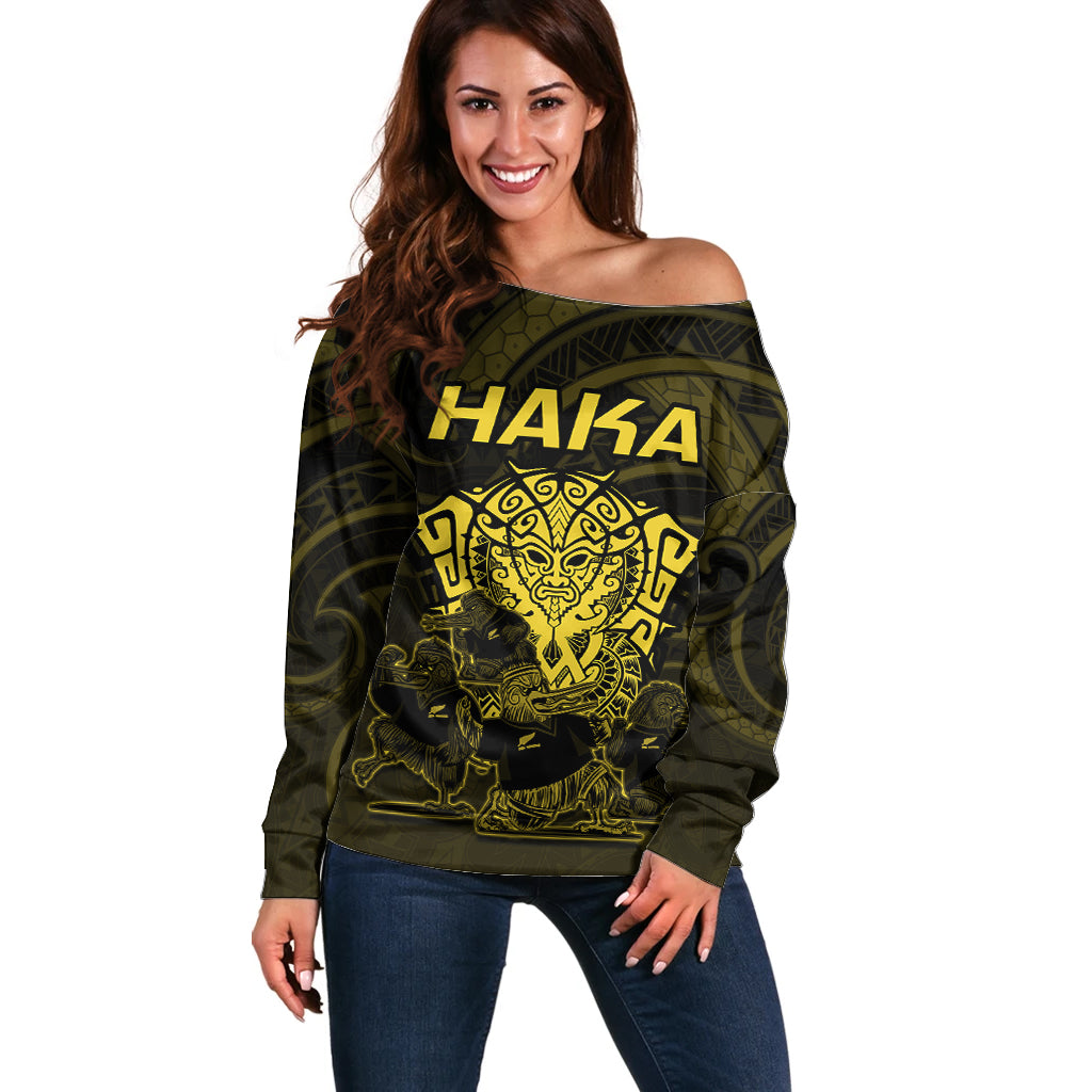 Personalised New Zealand Rugby Off Shoulder Sweater Aotearoa Ka Mate Haka All Black Mix Ta Moko Gold Style - Wonder Print Shop