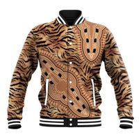 Beige tiger-print tribal-pattern unisex baseball jacket, button front and striped ribbed trim