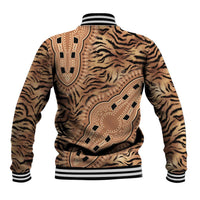 Beige tiger-print tribal-pattern unisex baseball jacket, striped ribbed collar and cuffs