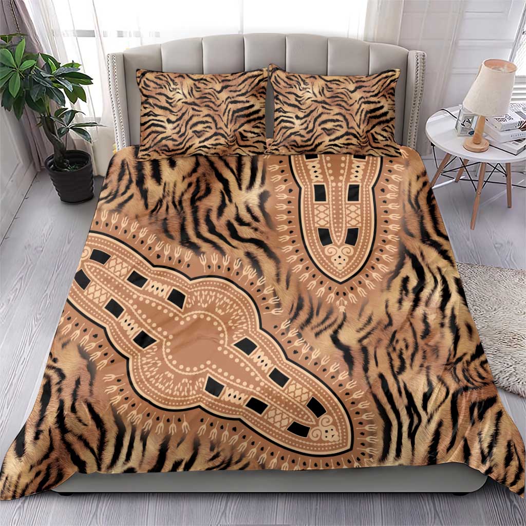 Tribal tiger-print bedding set featuring bold brown-and-beige animal stripe and panel design