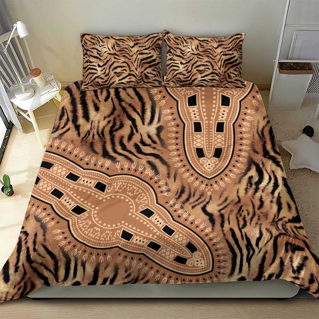 Tribal tiger-print bedding set on bed with two square shams and detailed face panel