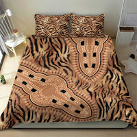 Tribal tiger-print bedding set on bed with two square shams and detailed face panel