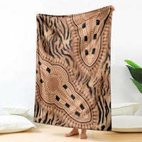 Brown and beige tiger-striped blanket with tribal medallion design, laid on floor