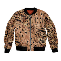 Beige tiger-print bomber jacket with tribal dashiki paneling, zip front, ribbed cuffs
