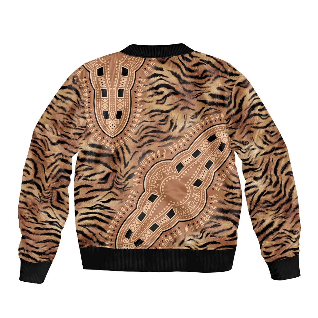 Beige tiger-print bomber jacket, tribal back yoke graphic, ribbed hem and cuffs
