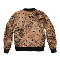 Beige tiger-print bomber jacket, tribal back yoke graphic, ribbed hem and cuffs