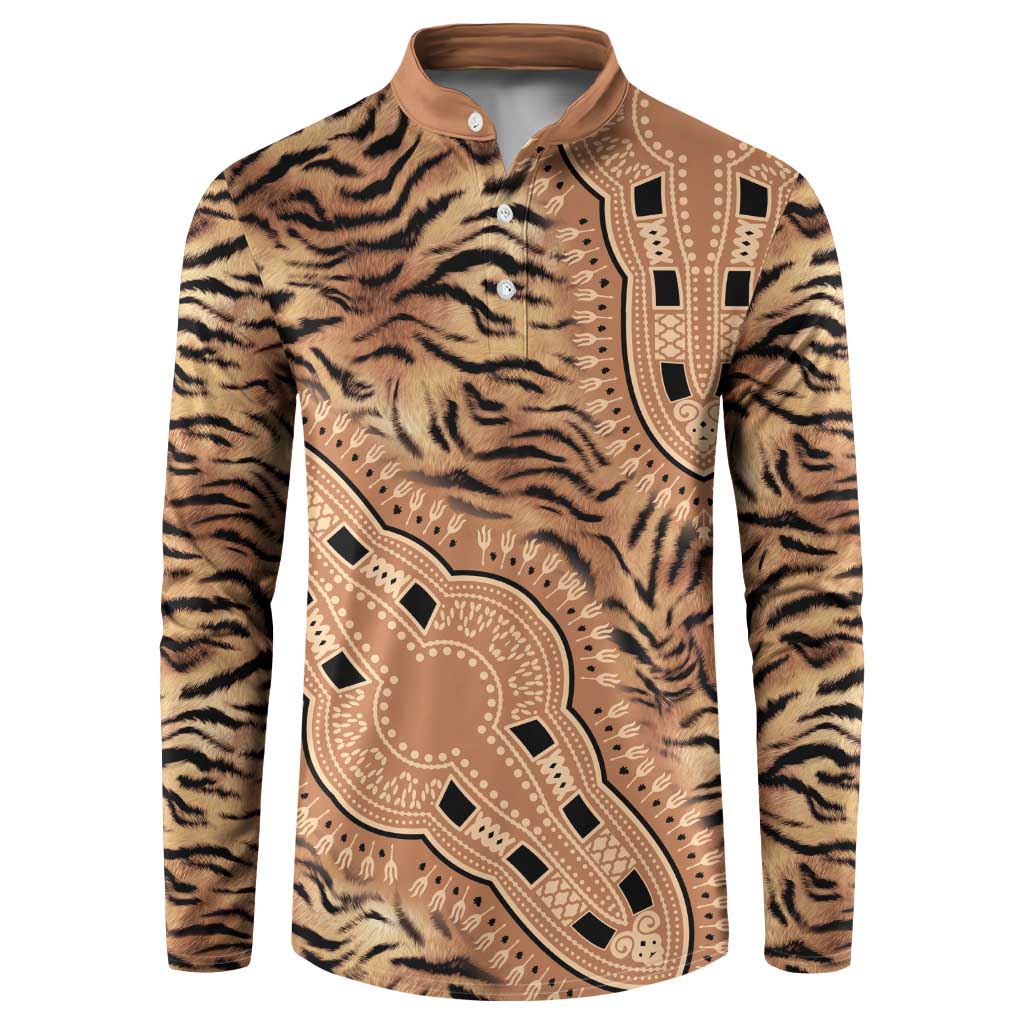 Beige button henley sweatshirt with tiger stripe pattern and central dashiki medallion