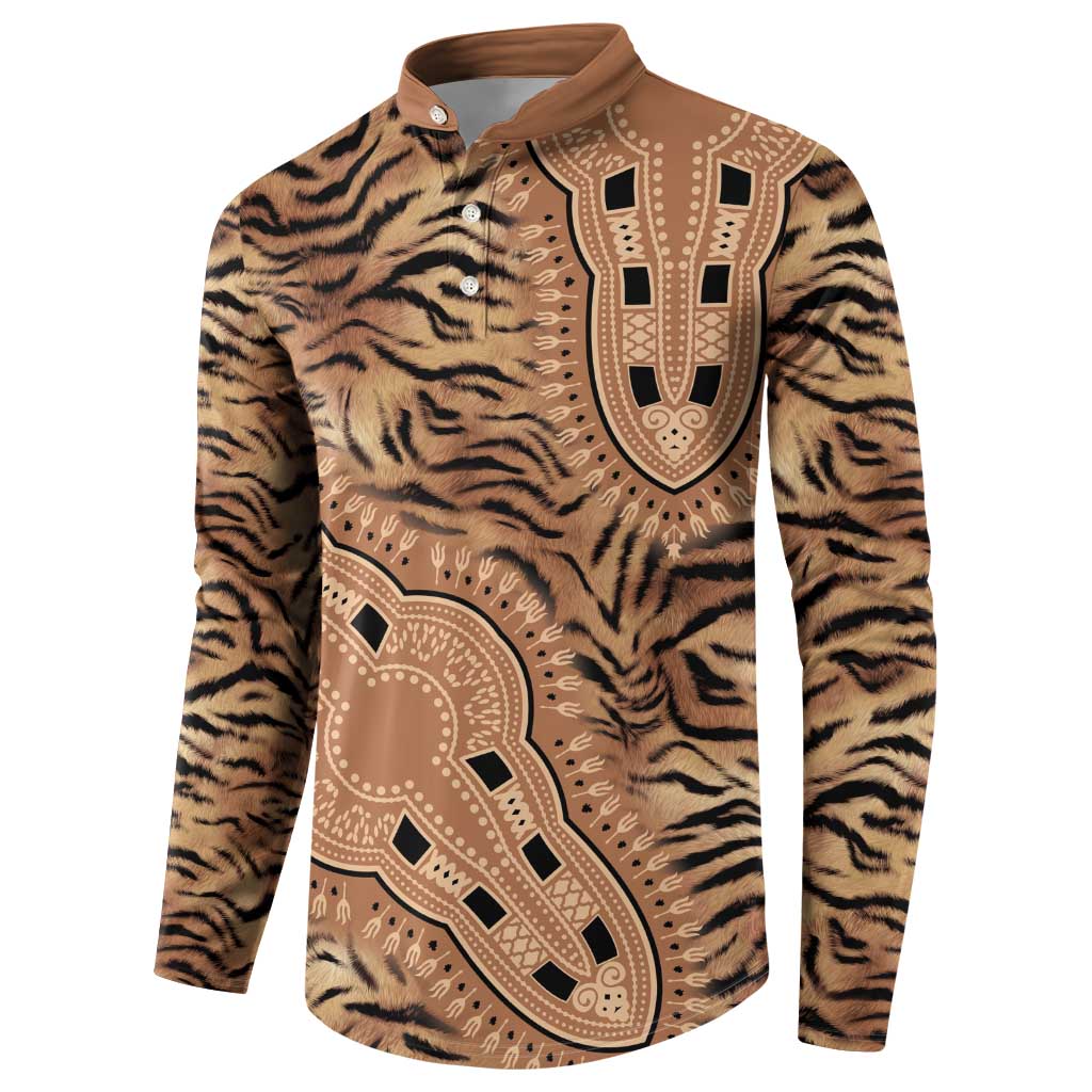 Beige and brown tiger-striped tribal button sweatshirt with large dashiki-style print