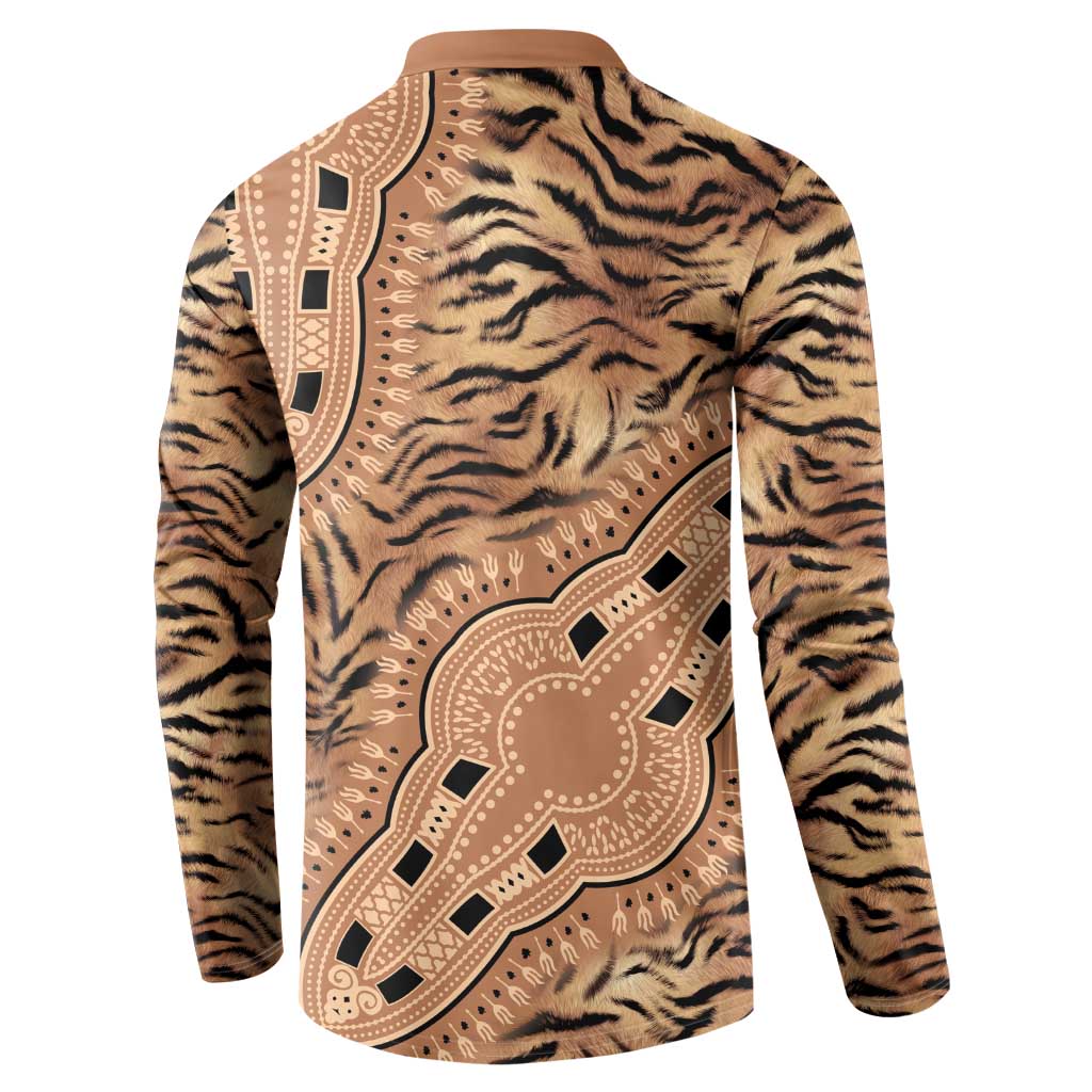 Beige and brown tribal dashiki-pattern button sweatshirt with full back tiger stripe print