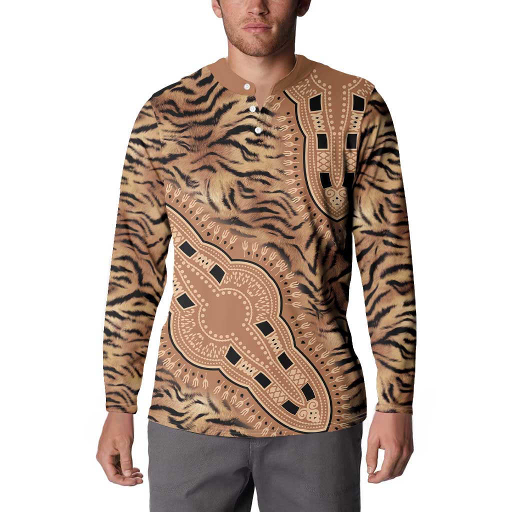 Men's beige tribal button sweatshirt with tiger stripe texture and ornate circular print