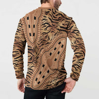Men's beige tribal button sweatshirt with tiger stripe back and large medallion print