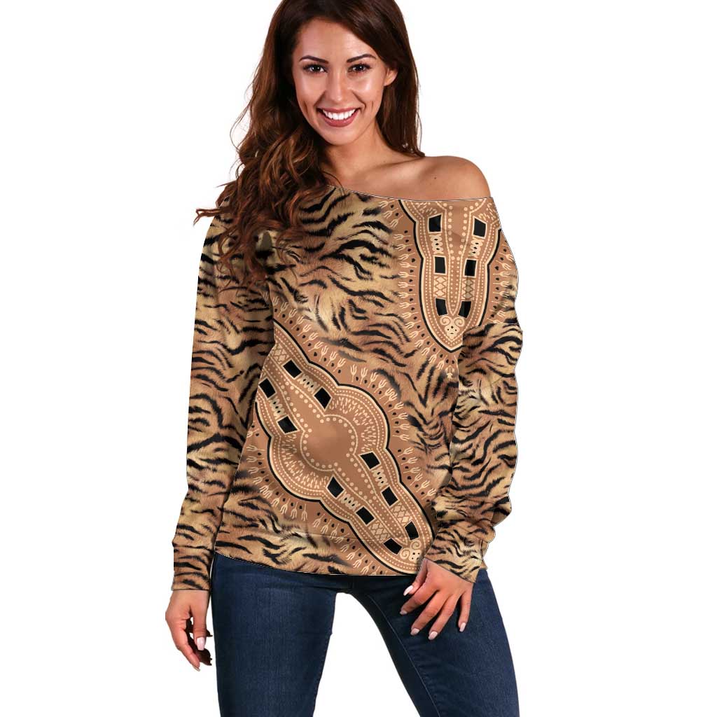 Africa Tiger Mix Dashiki Tribal Pattern Off Shoulder Sweater - Wonder Print Shop