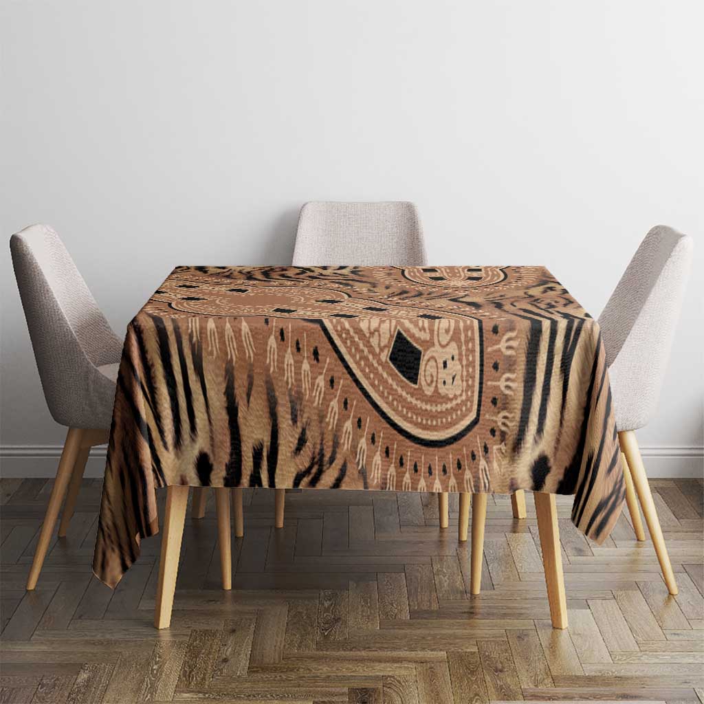Beige and black tribal tiger print tablecloth on rectangular dining table