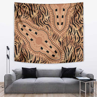 Tribal pattern tapestry with tiger stripes and beige, brown, black medallion design