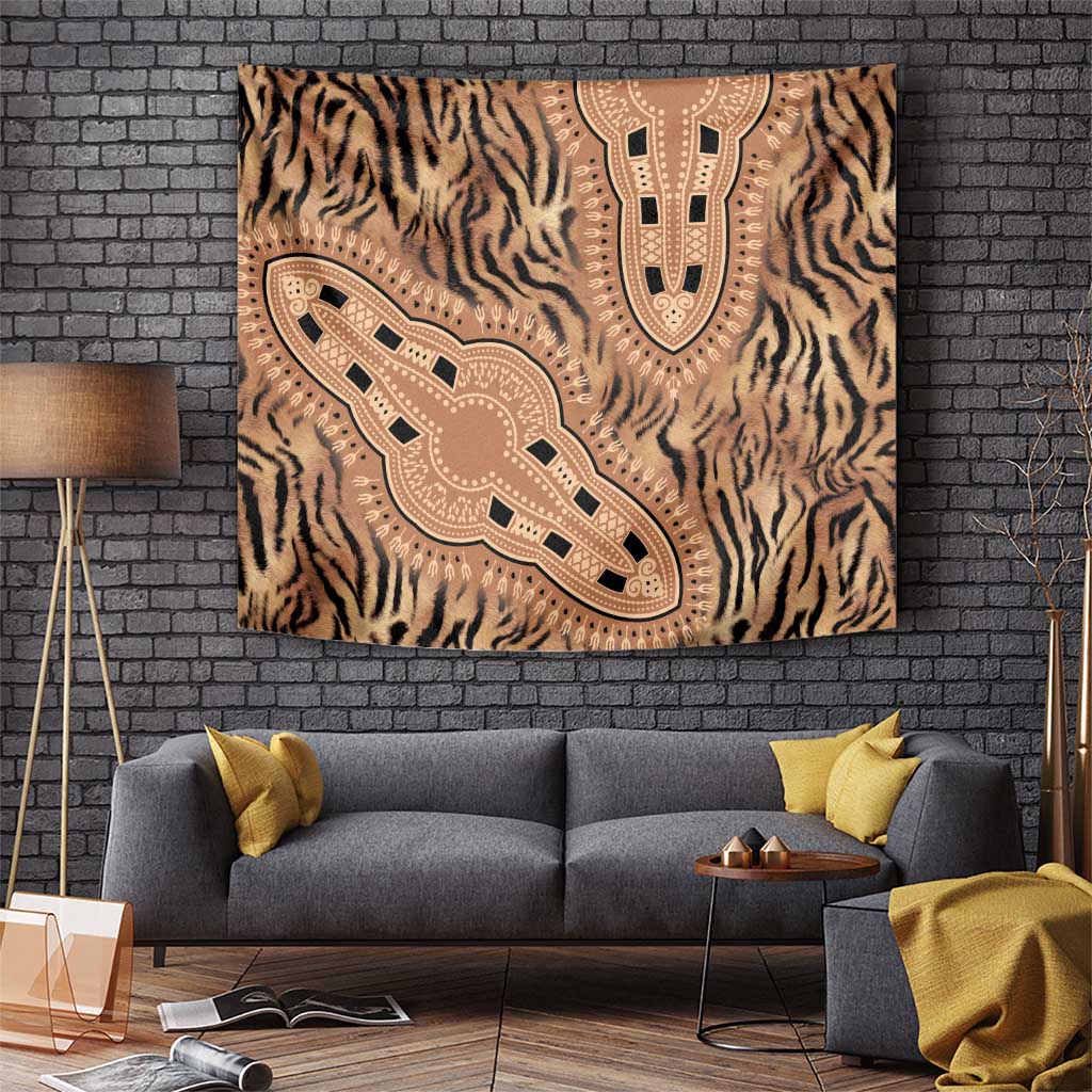 Woven tribal tapestry featuring tiger stripe pattern and beige medallion accents