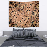 Beige and brown tribal tapestry with tiger stripes and ornate medallion motif