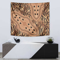 Wall tapestry with tiger stripe print and beige, brown, and black tribal artwork
