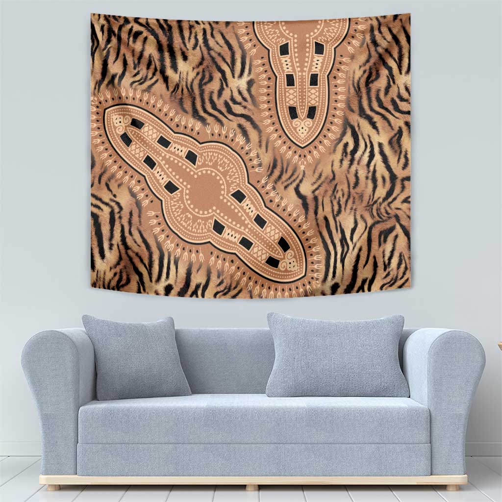 Tribal dashiki-style tapestry with tiger stripes in beige, brown, and dark accents