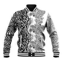 Unisex baseball jacket, black-and-white zebra and paisley tribal print, snap front and ribbed collar