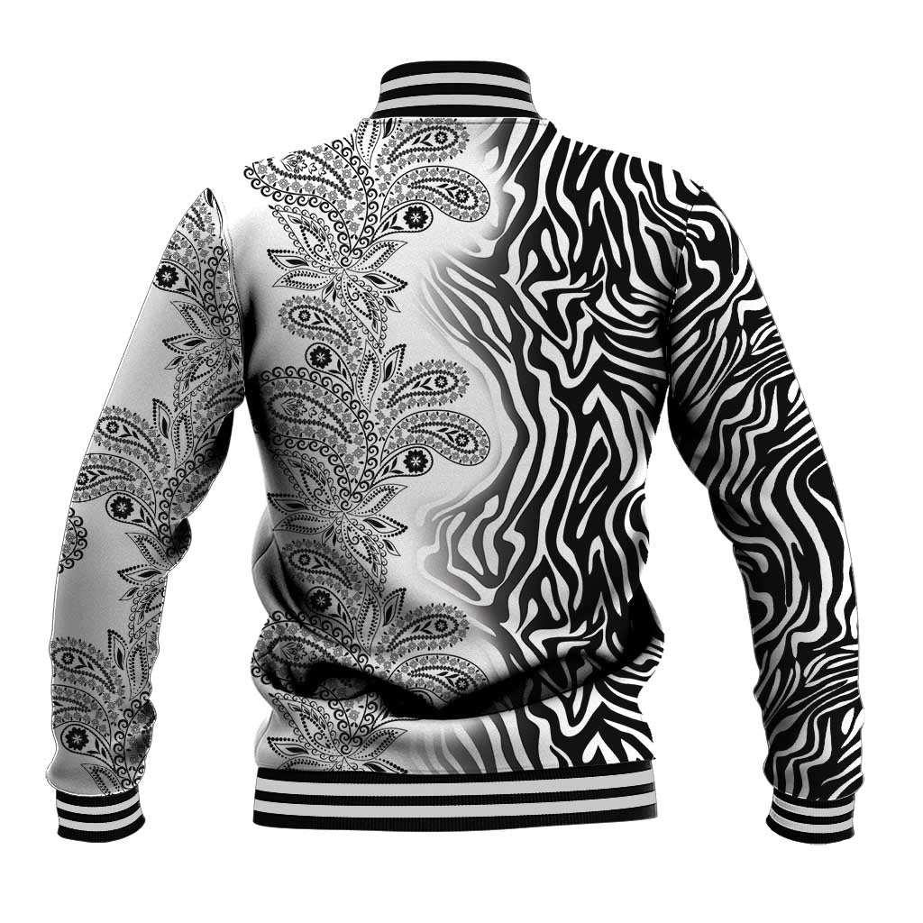 Unisex baseball jacket, black-and-white zebra and paisley tribal print, ribbed hem and cuffs