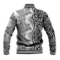 Unisex baseball jacket, black-and-white zebra and paisley tribal print, ribbed hem and cuffs