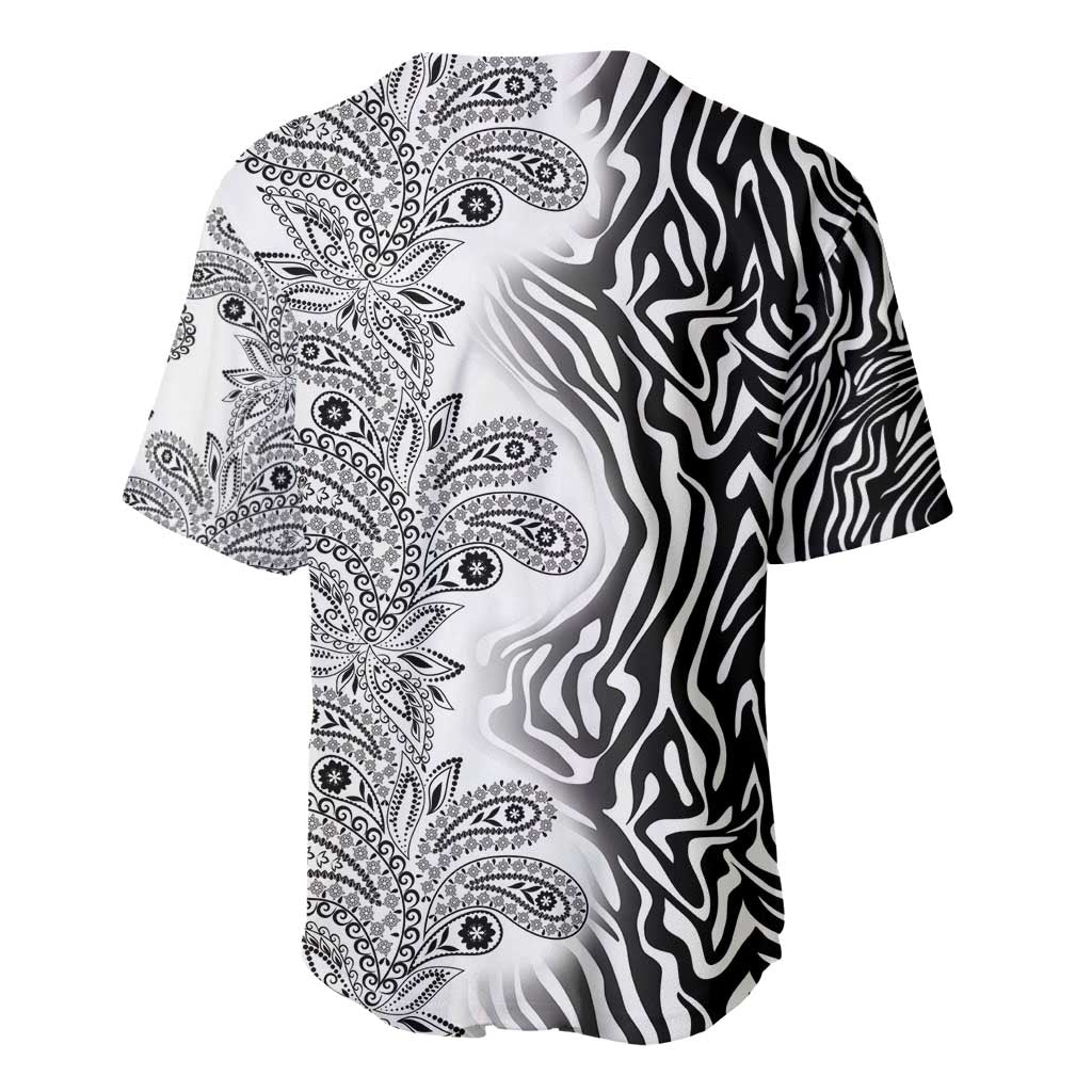 Black and white baseball jersey with paisley panel and zebra stripe sleeves
