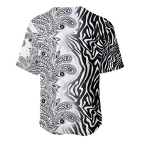 Black and white baseball jersey with paisley panel and zebra stripe sleeves