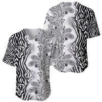 Black and white baseball jersey with large vertical paisley print and zebra pattern