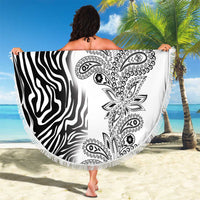 Round zebra-and-paisley beach blanket, black stripes and paisley on white with fringe