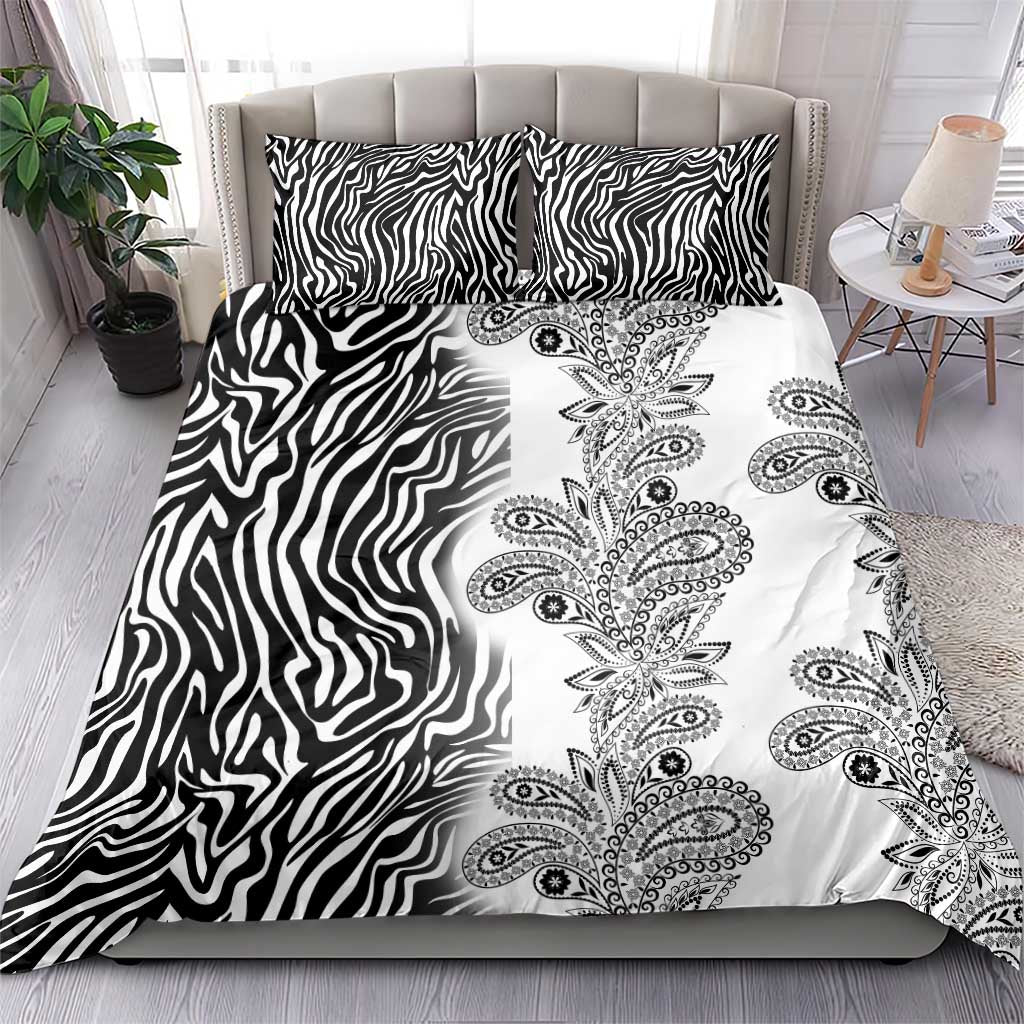Black and white bedding set with zebra stripe panel and paisley floral center design