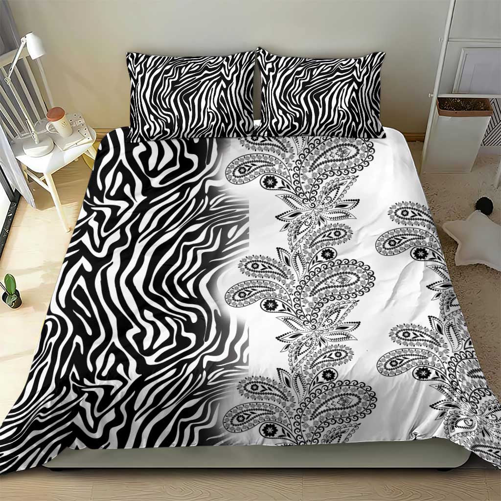 Black and white bedding set with zebra stripe background and ornate paisley floral medallions