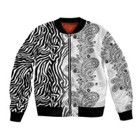Unisex bomber jacket in white with zebra stripes, paisley tribal print, black ribbed trims