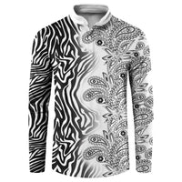 Men's button-front sweatshirt, black-and-white zebra + paisley tribal print