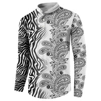 Men's button-front sweatshirt with black-and-white zebra and paisley tribal print