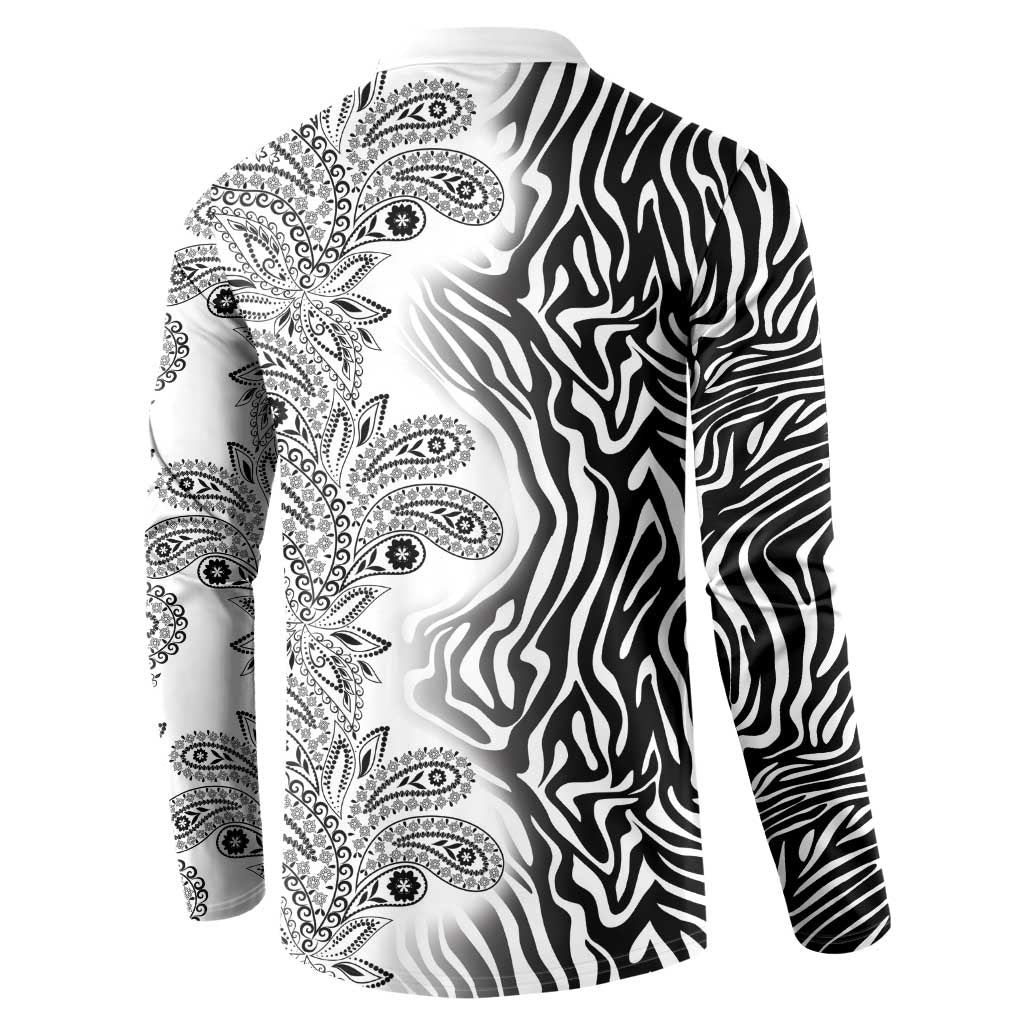 Men's button-front sweatshirt back, black-and-white zebra and paisley tribal print