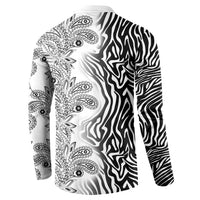 Men's button-front sweatshirt back, black-and-white zebra and paisley tribal print