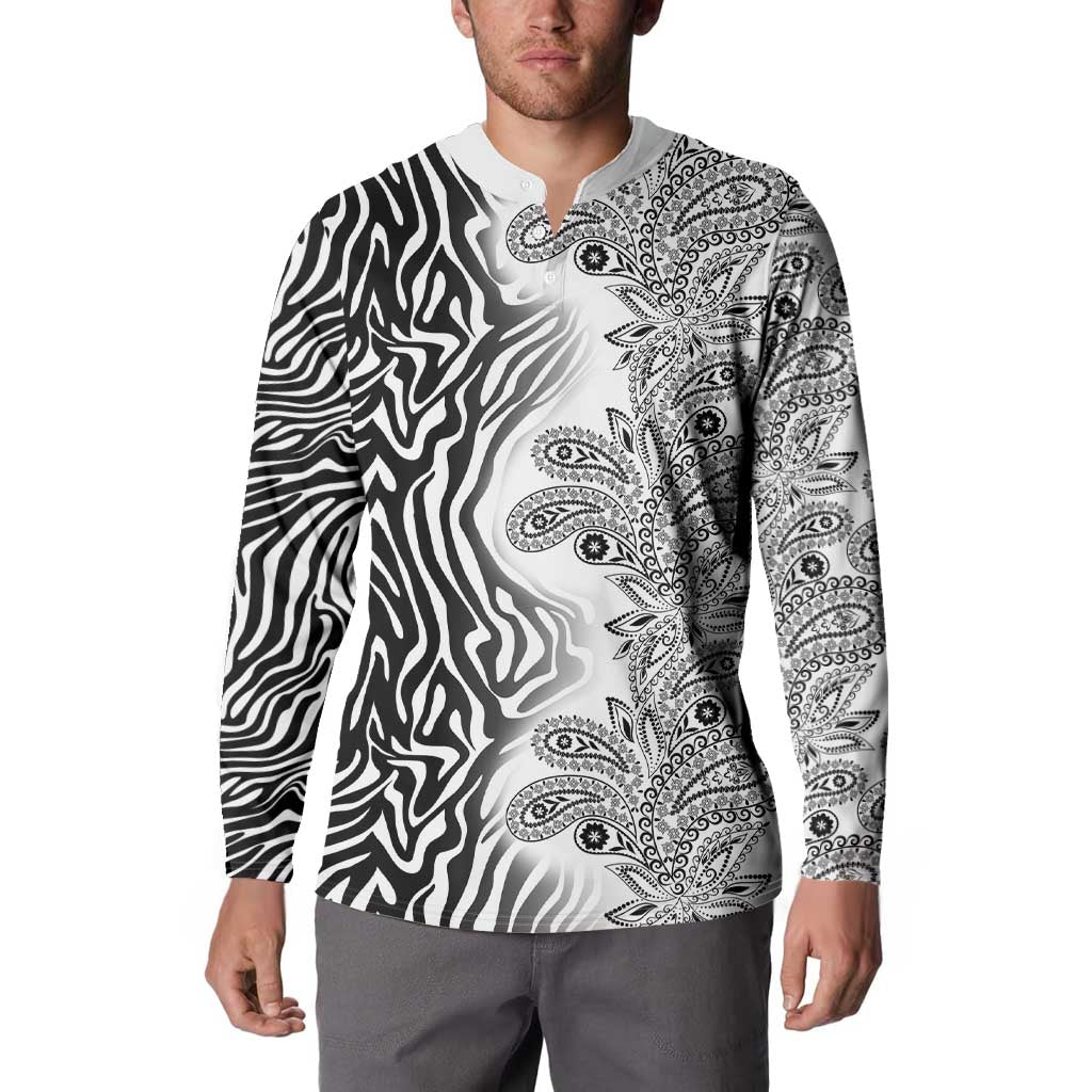 Men's button-front sweatshirt with black-and-white zebra and paisley tribal print