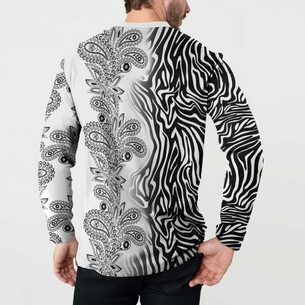 Back of men's button-front sweatshirt with black-and-white zebra and paisley tribal print