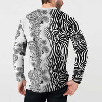 Back of men's button-front sweatshirt with black-and-white zebra and paisley tribal print