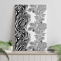 Canvas wall art standing on a shelf with black-and-white zebra and paisley tribal design