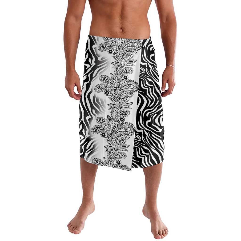 Knee-length sarong skirt featuring zebra swirl print with gray paisley motifs