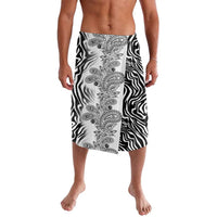 Knee-length sarong skirt featuring zebra swirl print with gray paisley motifs