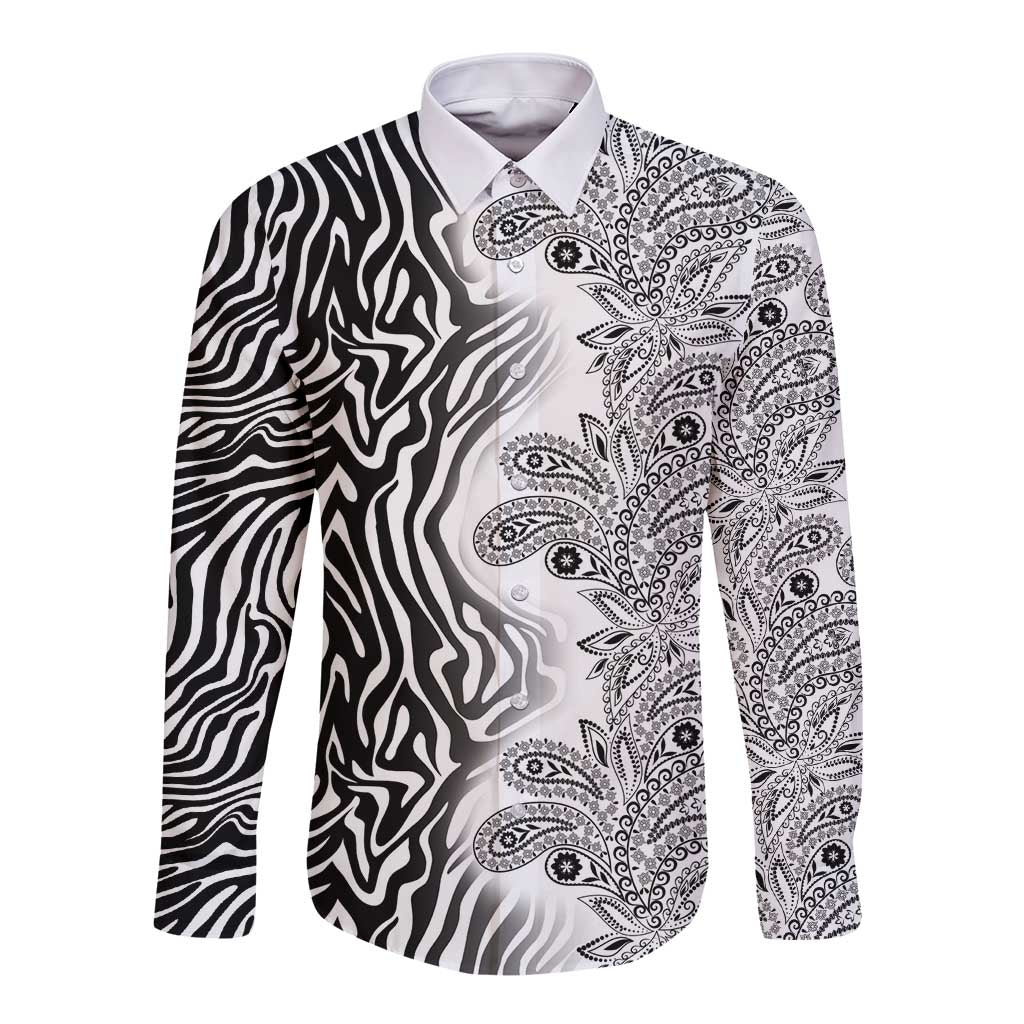 Long-sleeve button-up shirt with zebra and paisley swirl print, white and black