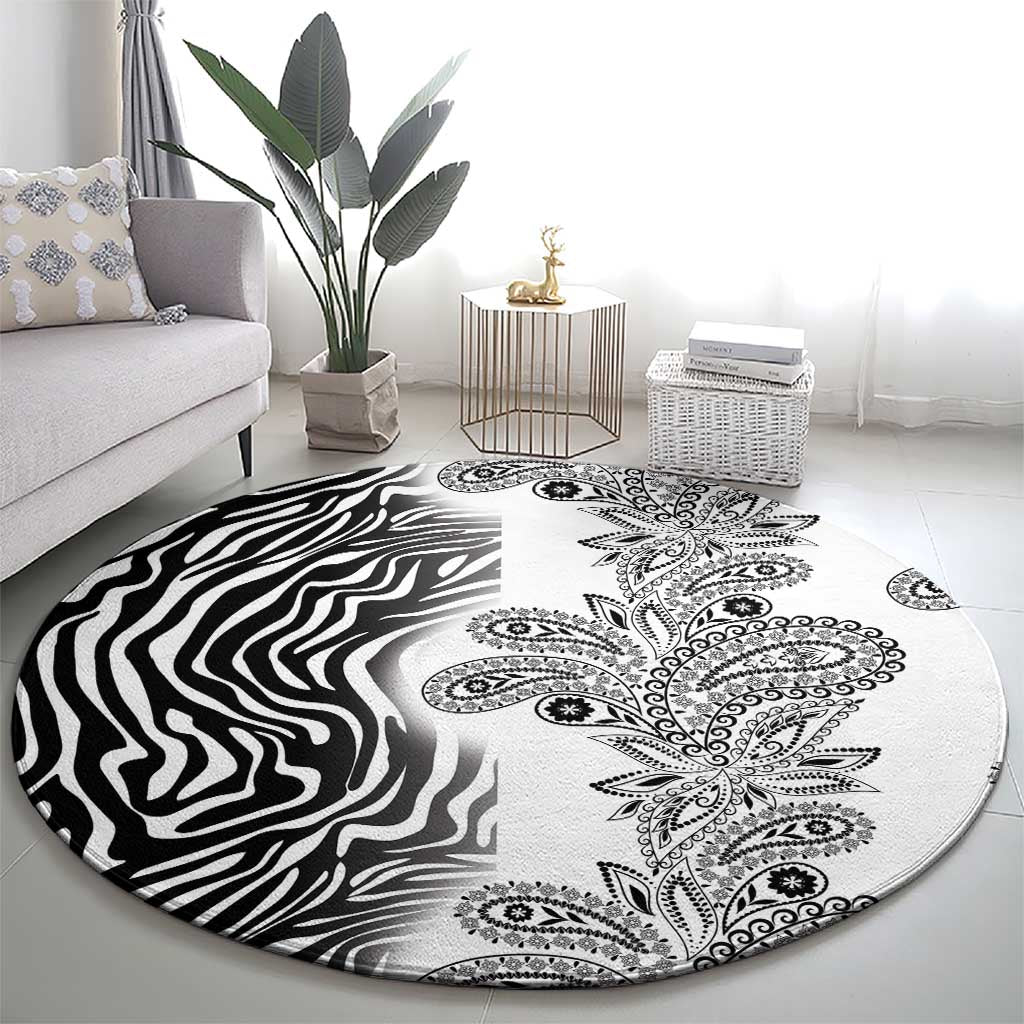 Round zebra paisley tribal carpet with large central medallion, black and white