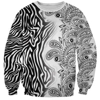 Unisex crewneck sweatshirt in white with zebra and paisley tribal print, long sleeves
