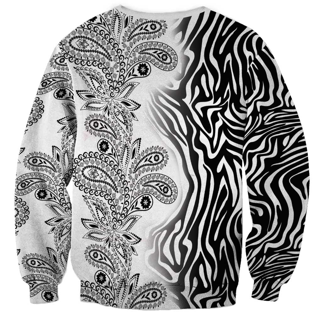 Unisex crewneck sweatshirt with paisley floral and zebra stripe print, long sleeves