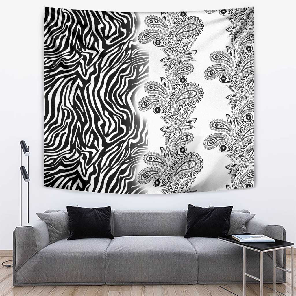 Zebra and paisley patterned tapestry with bold zebra print and floral motifs