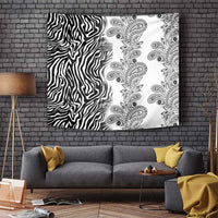 Zebra and paisley patterned tapestry in white, black, and gray