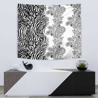 Zebra and paisley patterned tapestry wall hanging, white background with black detail