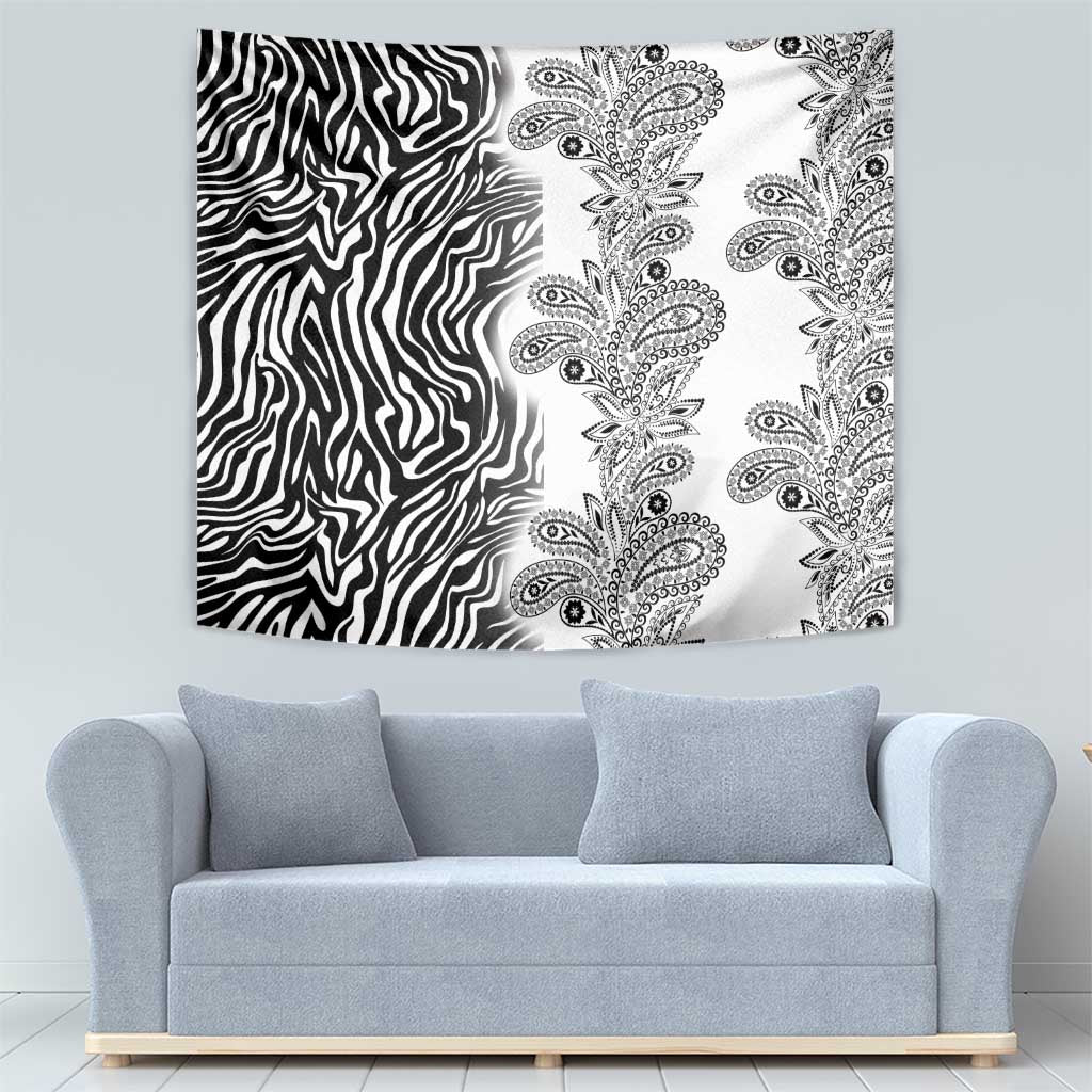 Zebra and paisley tapestry wall hanging with black accents on white fabric